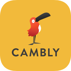 Cambly logo, a yellow square with a red toucan 