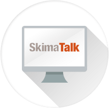 Skima Talk logo, a grey computer with SkimaTalk written across the screen