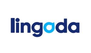 Lingoda logo, the word Lingoda written in dark blue with the o written in light blue 