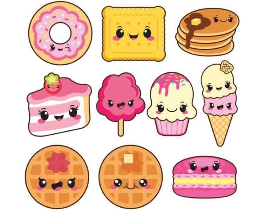 cute drawings of desserts in pink and yellow colors 