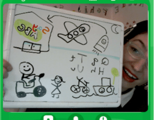 an English teacher holding a whiteboard with lots of drawings on it and SayABC logo