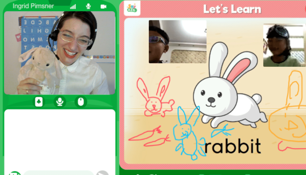 a screenshot of an SayABC platform with an online teacher with headphone and a stuffed rabbit and two children learning English 
