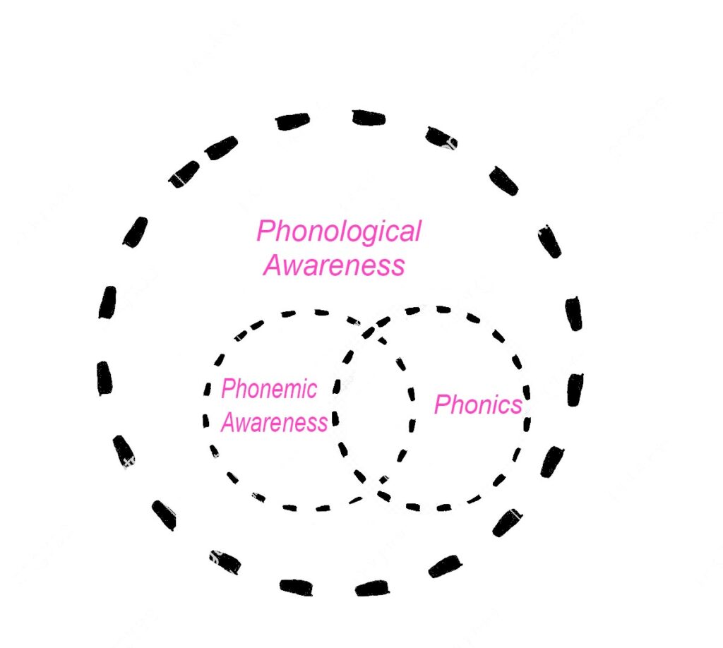 a Venn diagram that shows the overlap between phonemic awareness, phonics, and phonological awareness. 