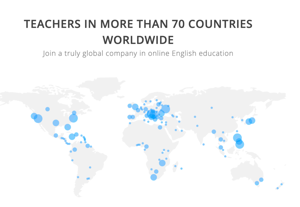 a world map with blue areas across the continents to show where Engoo teachers work