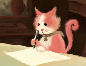 a drawing of a pensive cat writing a letter