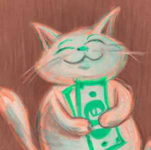 a drawing of a cat hugging a dollar