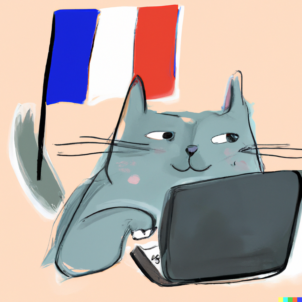 A cat teaching on a laptop and waving a French flag