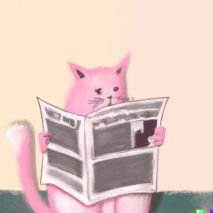 a pink cat reading a newspaper 