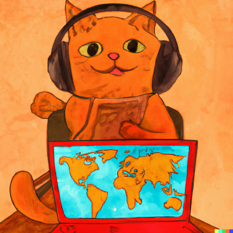 a cat wearing headphones using a laptop with the world on its screen
