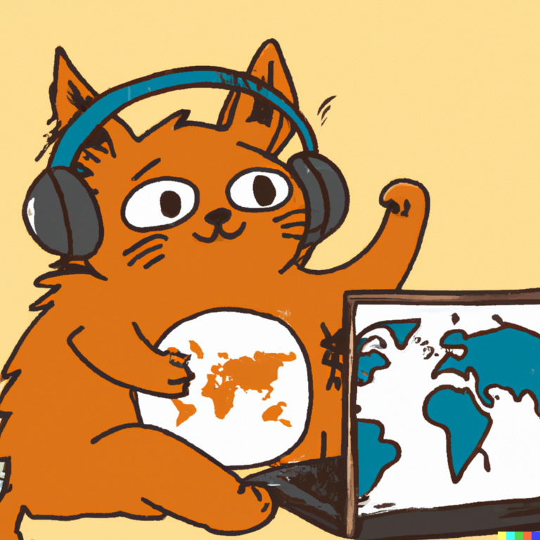 a drawing of a cat with headphones on holding a globe and using a laptop