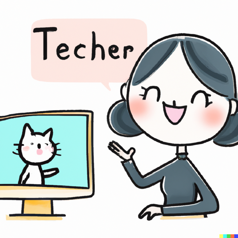an illustration of a teacher talking to a cat on a computer