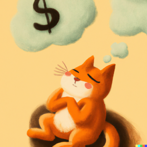 an illustration of a cat dreaming about money