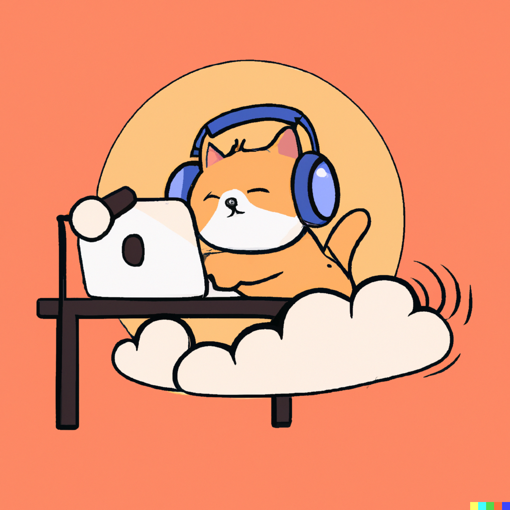 an illustration of a cat wearing headphones and using a microphone and a laptop while sitting on a cloud