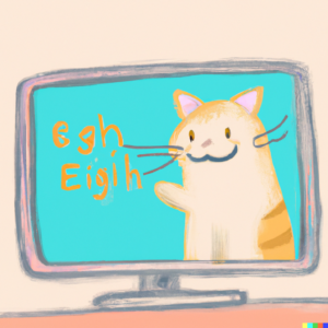 A cartoon cat on a computer teaching English