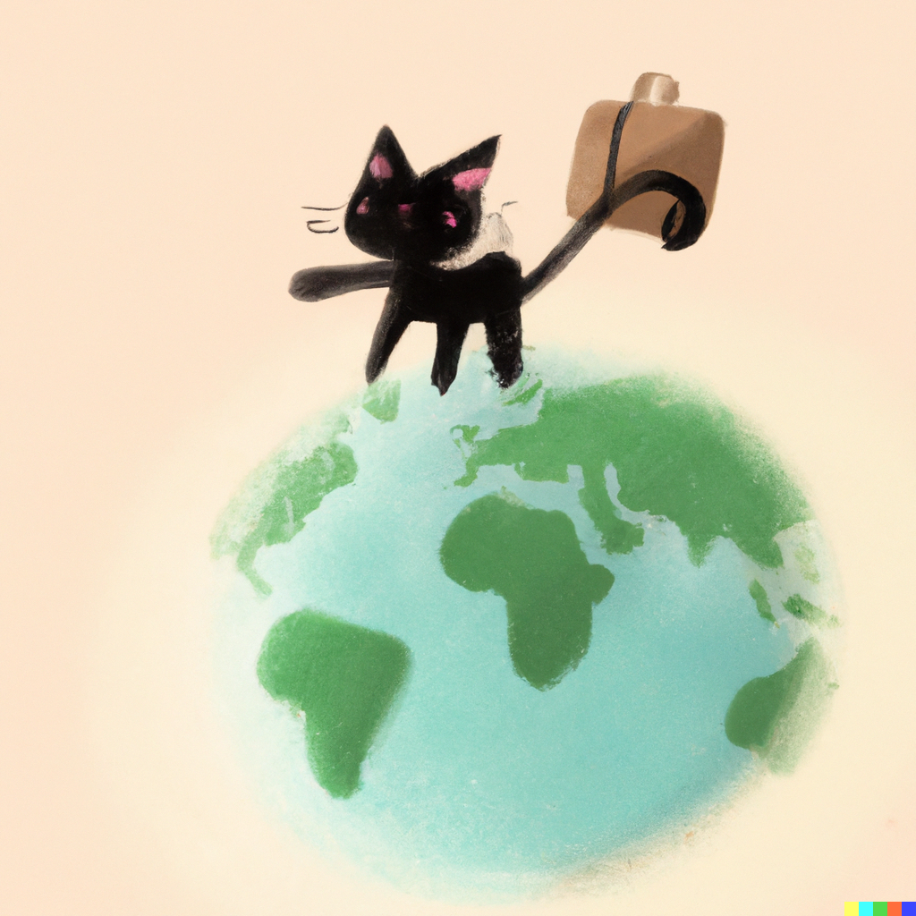 an illustration of a black cat on a globe with a suitcase