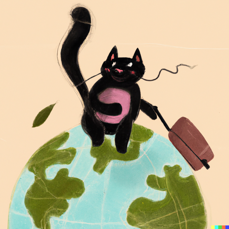 an illustration of a cat on a globe with a suitcase