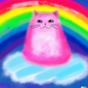 Rainbow Passage: A pink cat sitting on cloud in front of a rainbow