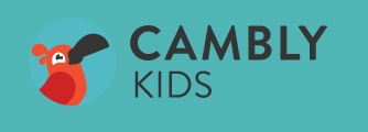 the logo of Cambly kids which is a red toucan and a black beak with the words "Cambly Kids" in capital letters all on a teal blue rectangle
