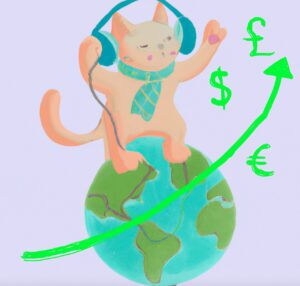 an illustration of an orange cat dancing on a globe wearing headphones in front of signs of dollars, euros, and pounds